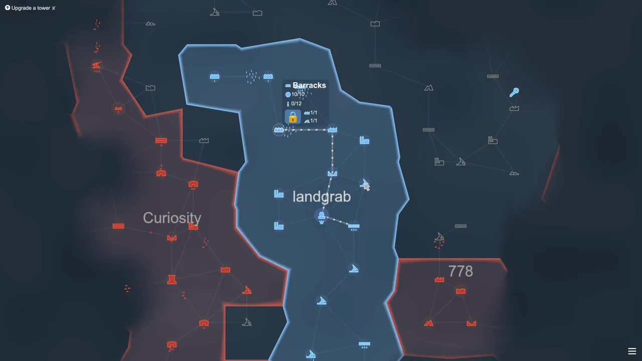 Kiomet gameplay: a map of towers joined by roads, with blue and red players’ territories
